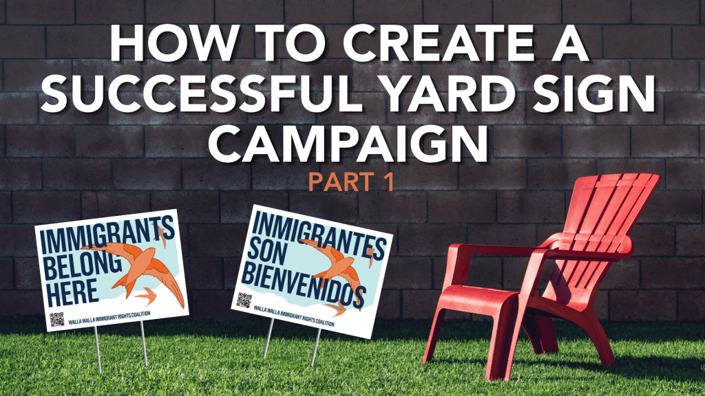 Large white text reads: How to create a successful yard sign campaign: part 1. A rock wall in the background with grass along the bottom. There is a red adirondack chair and two yard signs in the foreground.